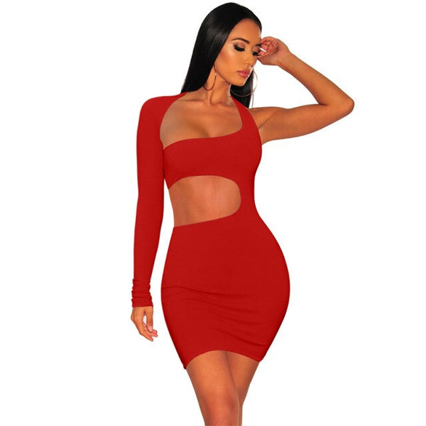 Sexy Wrapped Chest One Shoulder Right Sleeve Bust Hollow Out Solid Evening Mini Dress