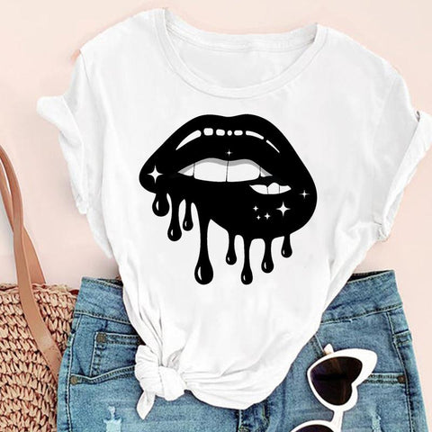 Women Lip Watercolor Funny Fashion Print Graphic Summer Short Sleeve T-Shirt