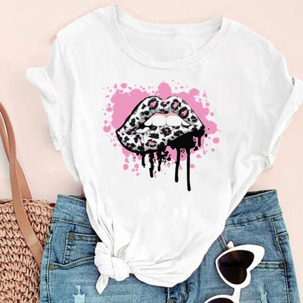 Women Lip Watercolor Funny Fashion Print Graphic Summer Short Sleeve T-Shirt