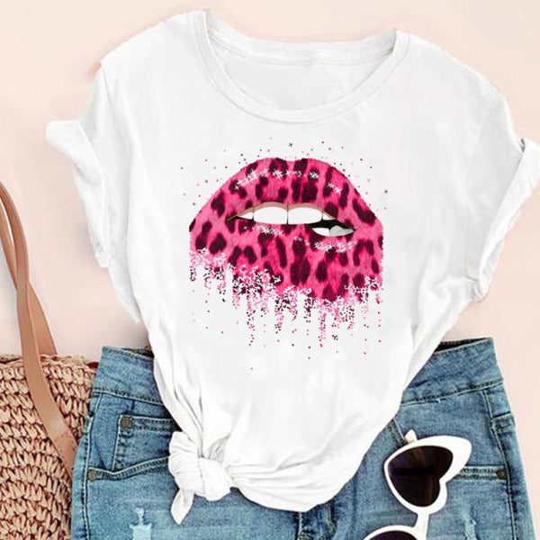 Women Lip Watercolor Funny Fashion Print Graphic Summer Short Sleeve T-Shirt