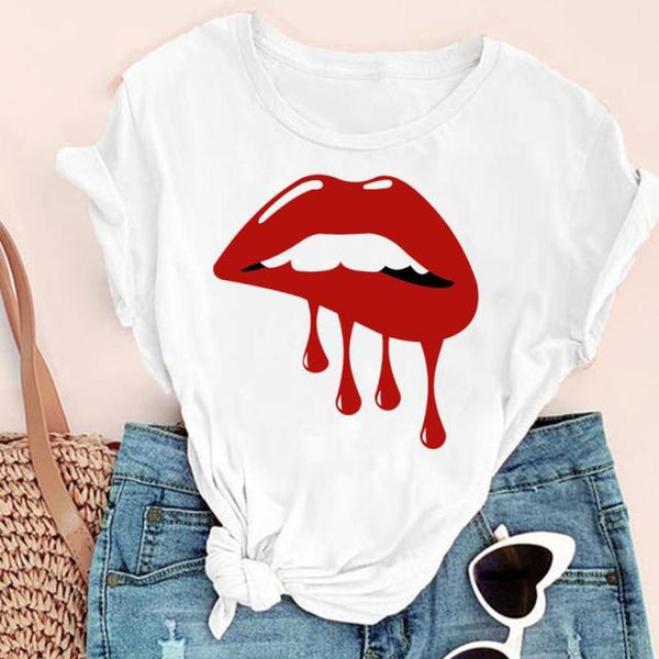 Women Lip Watercolor Funny Fashion Print Graphic Summer Short Sleeve T-Shirt