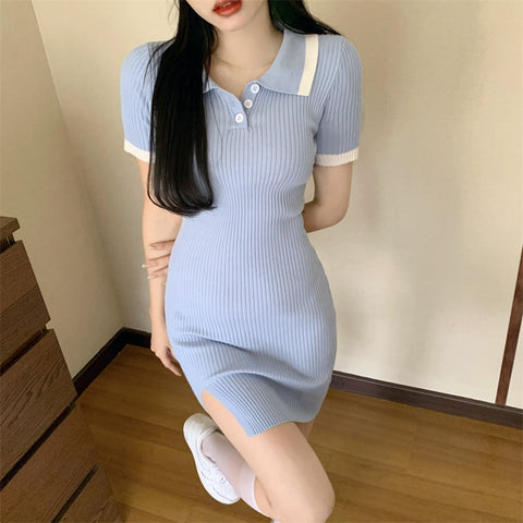 Korean Half Button Rib-knit Bodycon Short Sleeve Mini Dress