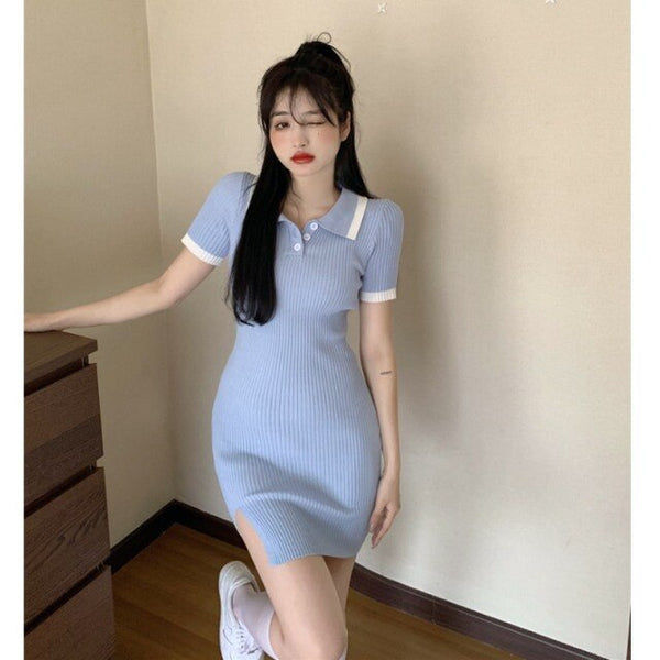 Korean Half Button Rib-knit Bodycon Short Sleeve Mini Dress