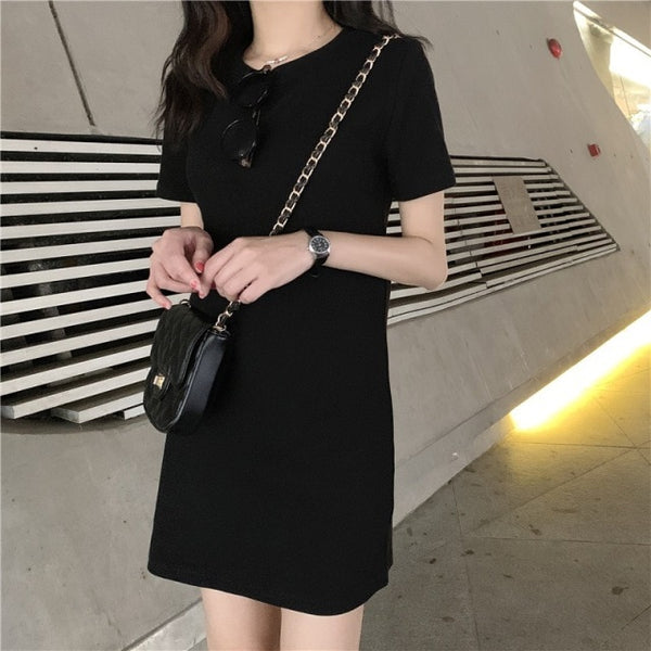 Casual Ladies O-Neck Short Sleeve Solid Color Mini Dress