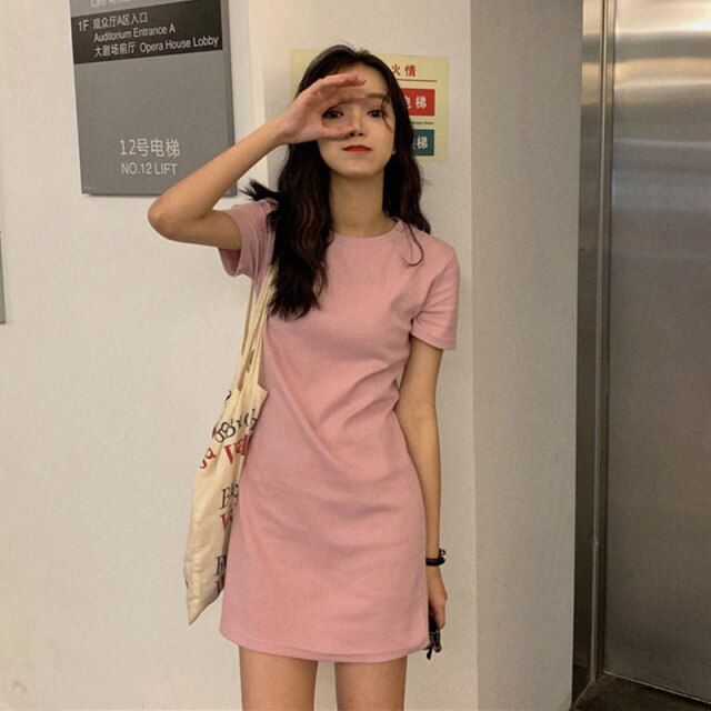 Casual Ladies O-Neck Short Sleeve Solid Color Mini Dress