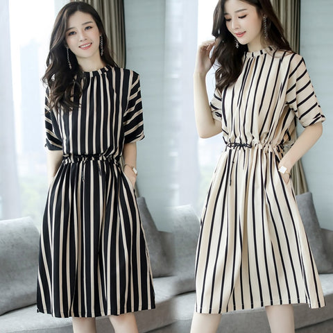 Korean Fashion Midi Striped Dress