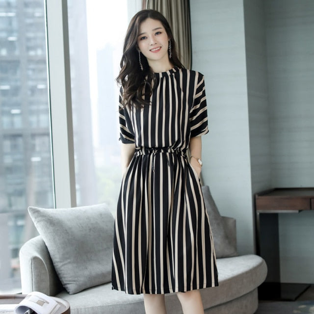 Korean Fashion Midi Striped Dress