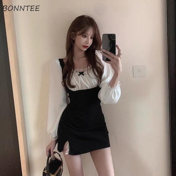 Sexy Puff Sleeve Slim Mini Fashion Korean Style Square Collar Mature Leisure Sweet Street Dress