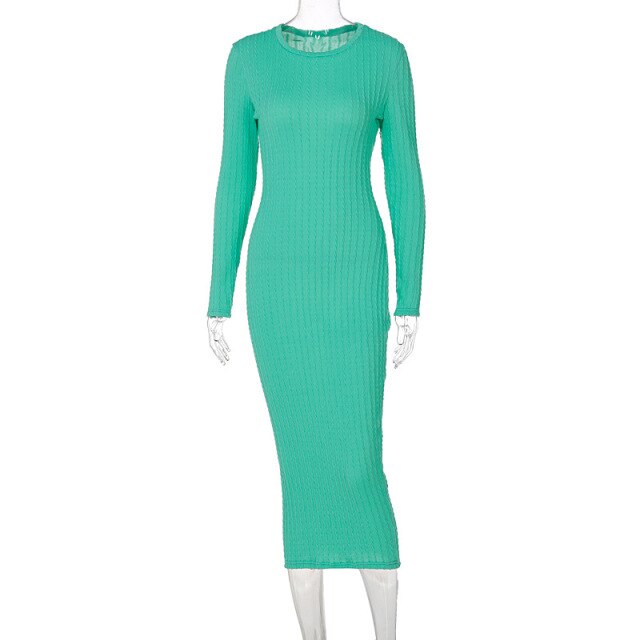 Long Sleeve O-neck Slim Dress Crochet Solid Elegant Maxi Party Dress