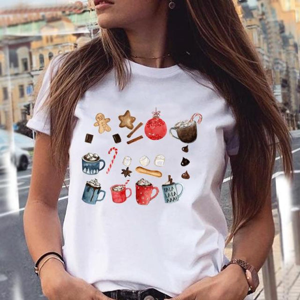 Women Holiday Happy Season Merry Christmas New Year Print Cartoon Graphic Tee