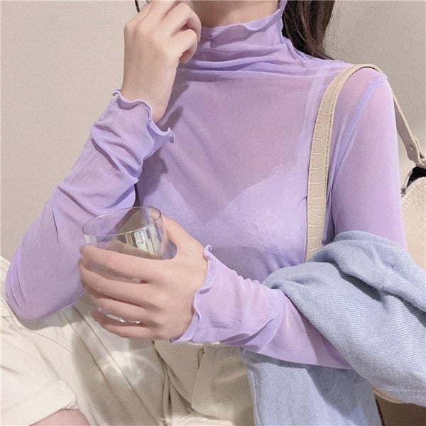 High Neck Sheer Mesh Women Long Sleeve Turtleneck Korean Sexy See Through Top