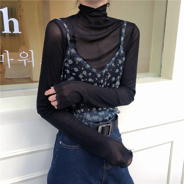 High Neck Sheer Mesh Women Long Sleeve Turtleneck Korean Sexy See Through Top