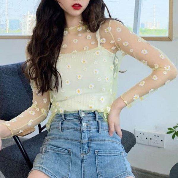 Sexy Women See Through Transparent Mesh Long Sleeve Sheer Slim Turtleneck Daisy Top