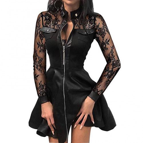 Sexy Lace Sheer Long Sleeve Button Zipper Faux Leather Party Mini Dress