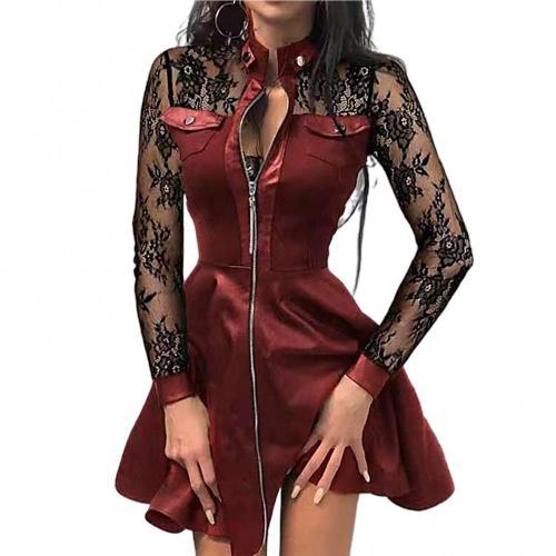 Sexy Lace Sheer Long Sleeve Button Zipper Faux Leather Party Mini Dress