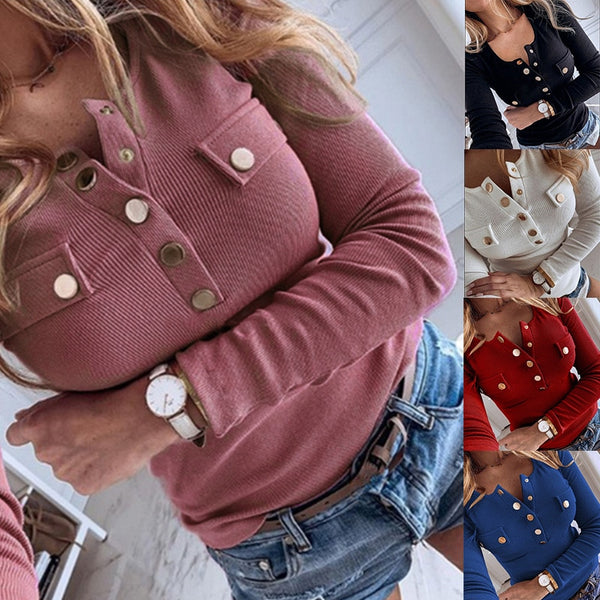 Women Knitted Sweater Tops Casual Long Sleeve Plus Size O-Neck Button Up Pocket Pullover Top