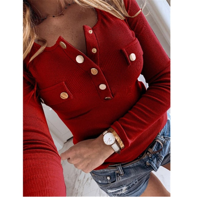 Women Knitted Sweater Tops Casual Long Sleeve Plus Size O-Neck Button Up Pocket Pullover Top