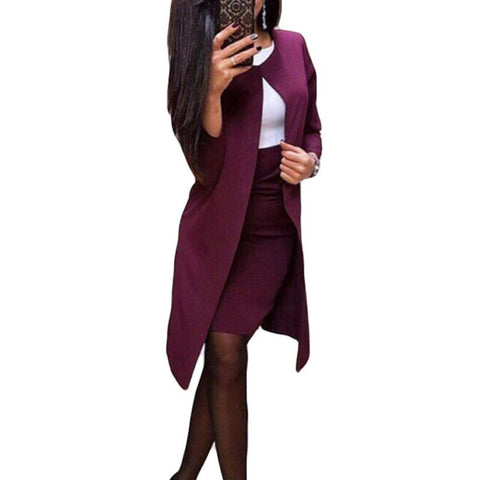 2Pcs Office Fashion Solid Color Long Blazer Jacket Mini Skirt Business Suit