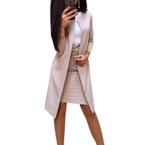 2Pcs Office Fashion Solid Color Long Blazer Jacket Mini Skirt Business Suit