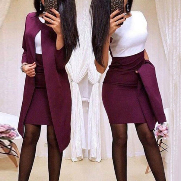 2 piece office solid color long suit jacket tight mini skirt elegant business suit set