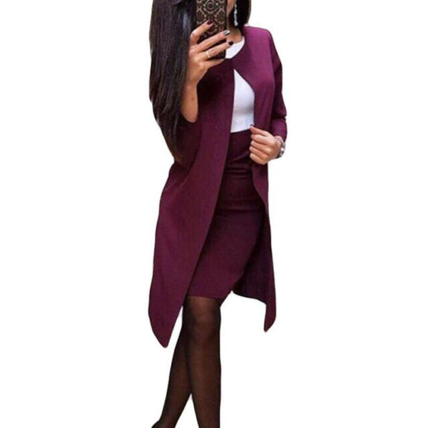 2 piece office solid color long suit jacket tight mini skirt elegant business suit set