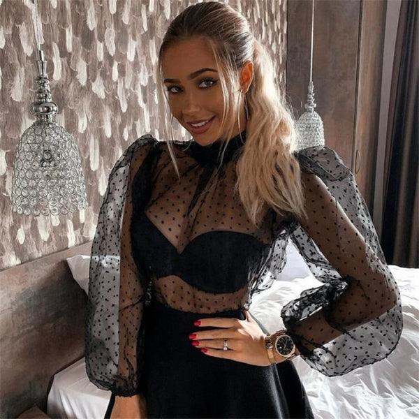 See-through Mesh Sheer Blouse Transparent Lace Puff Sleeve Polka Dot Casual Blouse