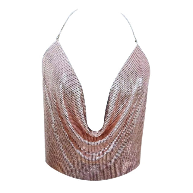 Metal Sequin Camisole Sexy Backless Chain Halter Crop Party Dance Club Wear Deep V Top