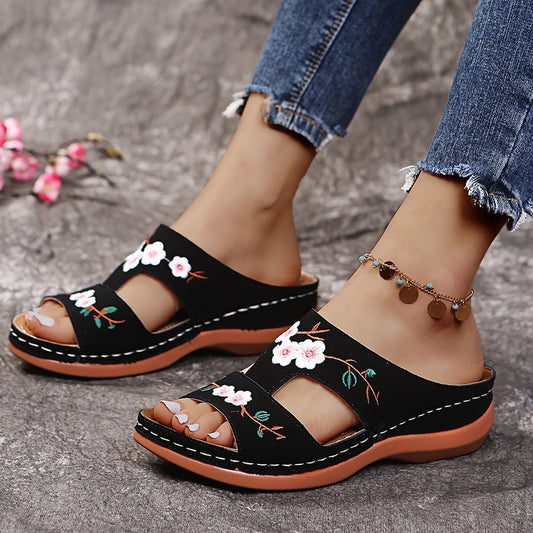 Fashion Embroider Soft Summer Open Toe Flock Comfort Beach Shoes
