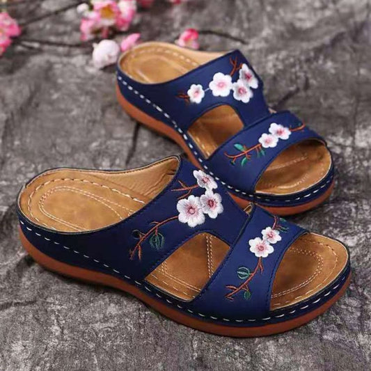 Fashion Embroider Soft Summer Open Toe Flock Comfort Beach Shoes