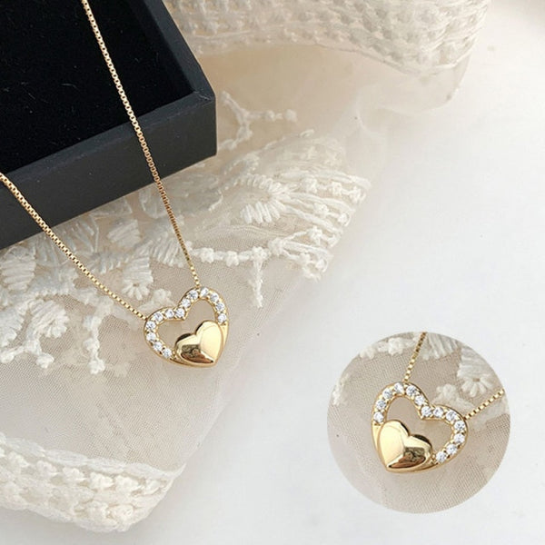Gold Color Double Layer Heart Necklace Shining Bling AAA Zircon Women Clavicle Chain Elegant Charm Wedding Pendant Jewelry Gift