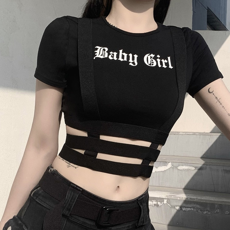 Punk Vintage Goth Graphic Crop Top O-neck Black Streetwear Short Sleeve T-shirt