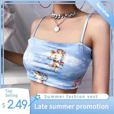 Street style Women camisole Sling Top Vest Sleeveless Cold Shoulder The Angel Of Cupid Print