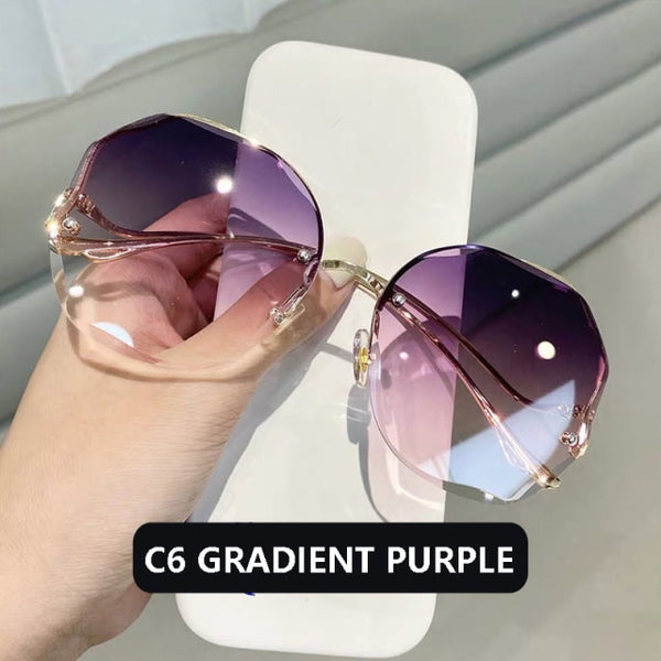 Fashion Tea Gradient Ocean Water Cut Trimmed Lens Metal Curved Temple Sunglass