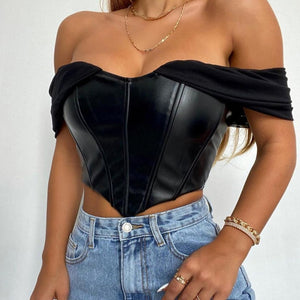 PU Leather Solid Patchwork Zip Up Backless Tank Vest Crop Top