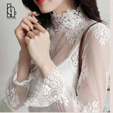 Long Sleeve Turtleneck Lace Sexy Slim Blouse