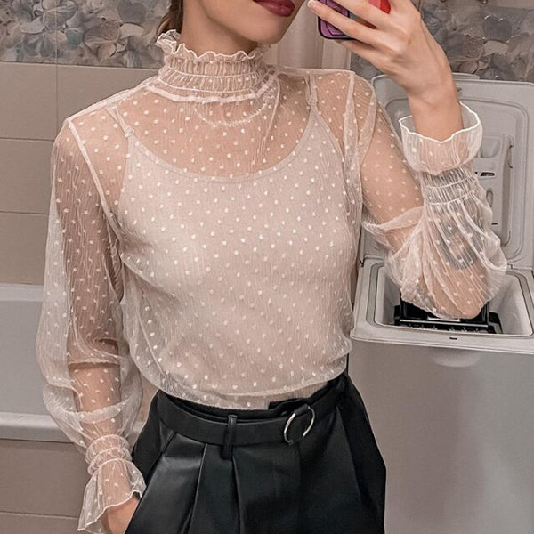 Long Sleeve Turtleneck Lace Sexy Slim Blouse