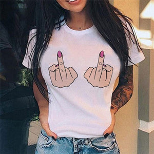 Summer New Fashion Middle Finger Chest  Graphic Printed  Round Neck  T Shirt  Casual Simple Women Tee Top