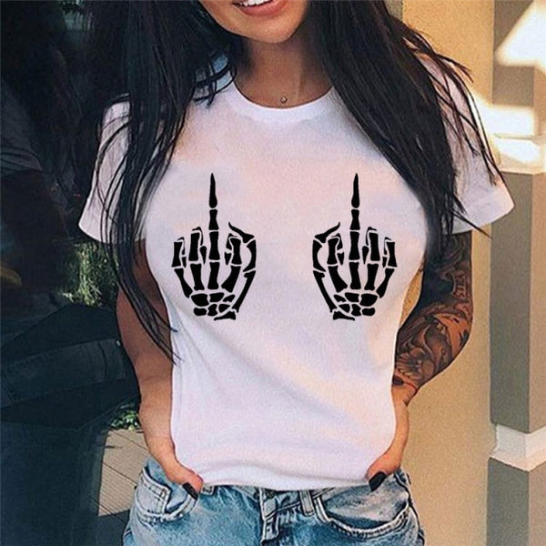 Summer New Fashion Middle Finger Chest  Graphic Printed  Round Neck  T Shirt  Casual Simple Women Tee Top