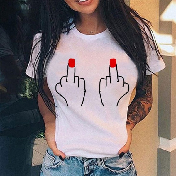 Summer New Fashion Middle Finger Chest  Graphic Printed  Round Neck  T Shirt  Casual Simple Women Tee Top