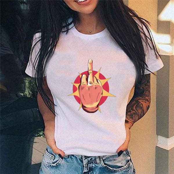 Summer New Fashion Middle Finger Chest  Graphic Printed  Round Neck  T Shirt  Casual Simple Women Tee Top