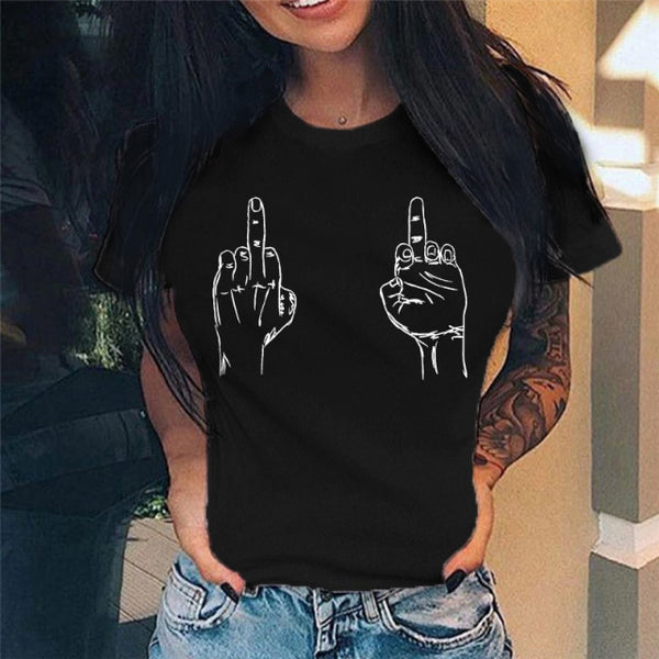 Summer New Fashion Middle Finger Chest  Graphic Printed  Round Neck  T Shirt  Casual Simple Women Tee Top