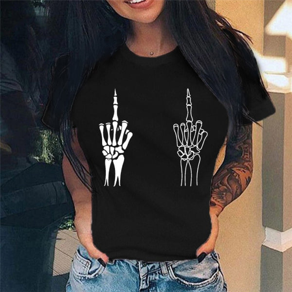 Summer New Fashion Middle Finger Chest  Graphic Printed  Round Neck  T Shirt  Casual Simple Women Tee Top