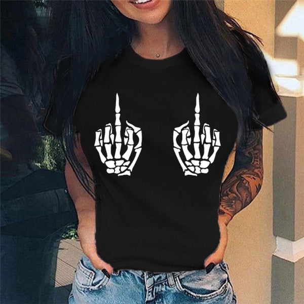 Summer New Fashion Middle Finger Chest  Graphic Printed  Round Neck  T Shirt  Casual Simple Women Tee Top