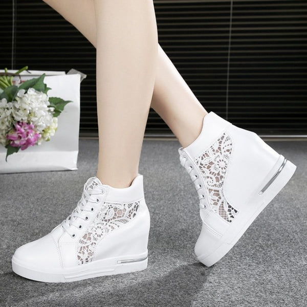 Women Wedge Platform Rubber Brogue Leather Lace Up High Heel Shoes