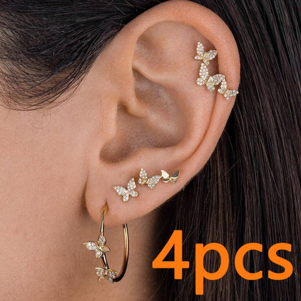 Shine Rhinestone Butterfly Piercing Stud Earrings Ear Clip