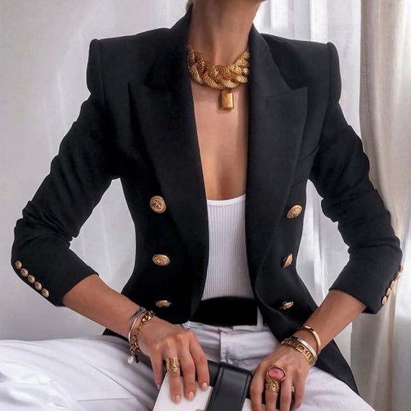 Slim Elegant Blazer Jacket Fitting Metal Lion Buttons Double Breasted