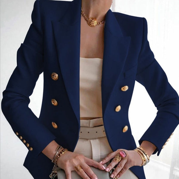 Slim Elegant Blazer Jacket Fitting Metal Lion Buttons Double Breasted
