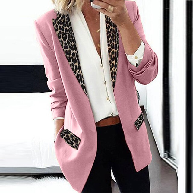 Fashion Trend Lapel Leopard Print Long Sleeve Suit Jacket Elegant Cardigan Coat