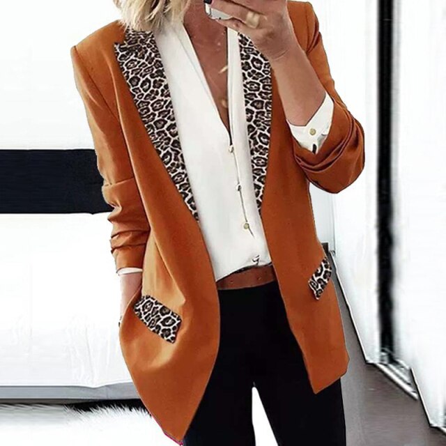 Fashion Trend Lapel Leopard Print Long Sleeve Suit Jacket Elegant Cardigan Coat