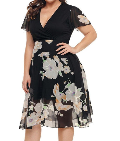 Women Chiffon V-Neck Short Sleeve Floral Dress